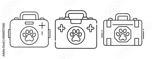 Pet first aid kit and travel cases outline vector icon set.