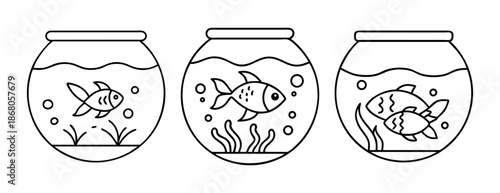 Three cartoon fishbowls with swimming fish and aquatic plants