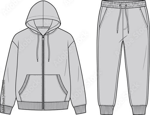 Zip front hoodie and tapered jogger pants technical flat vector illustration, matching athleisure set with drawstring hood, kangaroo pocket, ribbed cuffs hem