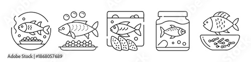 Line art icons of fish, seafood, and various fish preparations