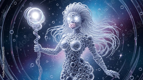 Woman with glowing staff in space.