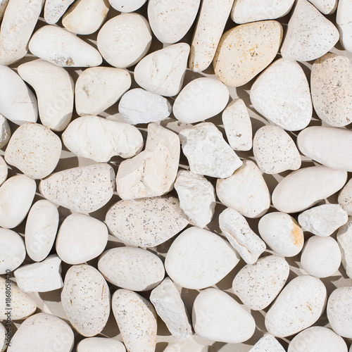 A closeup overhead view of smooth white and cream colored river rocks arranged naturally