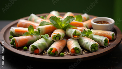 A plentiful spread of fresh spring rolls filled with vibrant vegetables and mint leaves on a wooden plate