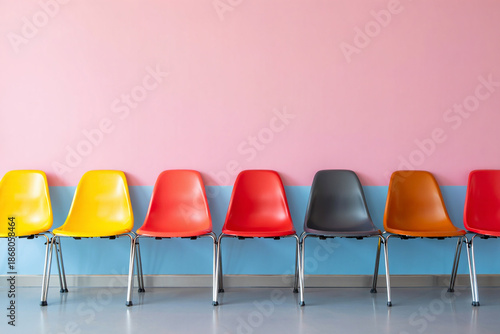A row of colorful retro style chairs lined up against a vibrant twotone wall