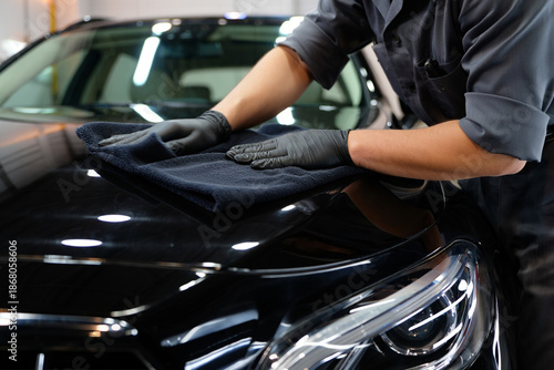 Detailer carefully wipes down the shiny black hood of a car with a microfiber cloth wearing gloves