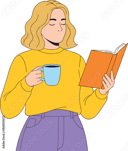 Woman Reading Book and Drinking Coffee Flat Vector Illustration for Cozy Lifestyle Relaxation Learning and Book Lover Concept