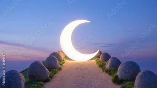 Illuminated crescent moon installation guides path through rocky landscape at twilight