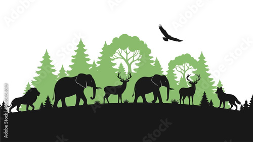 Harmonious wildlife community depicted in stylized silhouette against a vibrant green forest backdrop with diverse animals and a soaring eagle