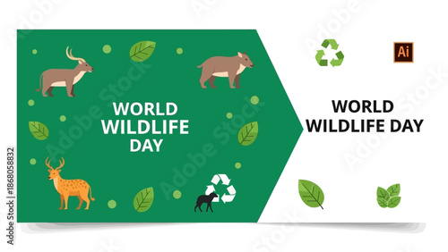 Celebrate World Wildlife Day with this vibrant illustration banner showcasing diverse animals, lush greenery, and the importance of conservation