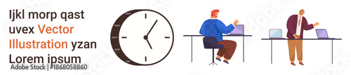 Time management, workplace productivity, teamwork, business strategy, professional interaction, training. A clock and two professionals engaging at desks. Time management and workplace productivity