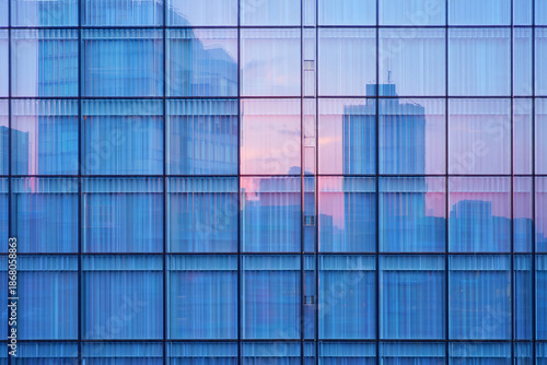 Modern glass building facade with city skyline reflections at sunset during dusk