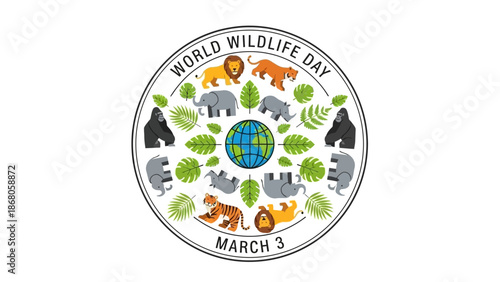 Illustrative circular emblem celebrating global biodiversity and wildlife conservation, featuring diverse animals surrounding a vibrant green planet motif