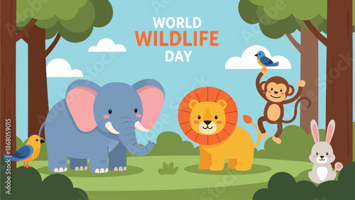 Whimsical Cartoon Illustration of Diverse Wildlife Elephant, Lion, Monkey, and Rabbit Flourishing in a Lush Forest Habitat, Promoting Nature Conservation