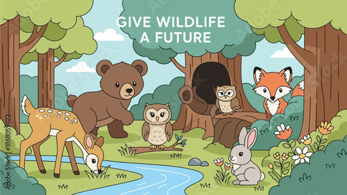 Give wildlife a future with this charming illustration of forest animals in their natural habitat, promoting conservation