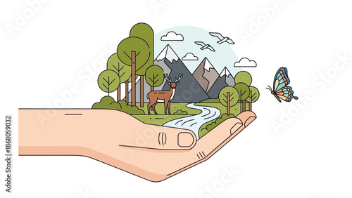 Nurturing Nature's Beauty A Hand Gently Holds a Miniature Ecosystem, Featuring Mountains, Forest, River, and Wildlife, Illustrating Environmental Conservation and Stewardship