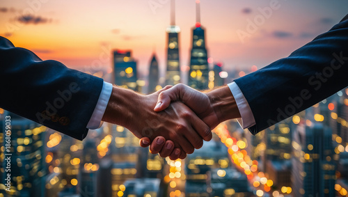 Two businessmen in dark suits shaking hands with a cityscape at sunset in the background symbolizing agreement and partnership
