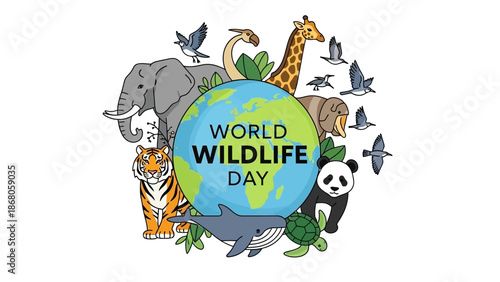 Vibrant global wildlife illustration celebrating diverse animals for World Wildlife Day, promoting conservation, habitat protection, and planet stewardship