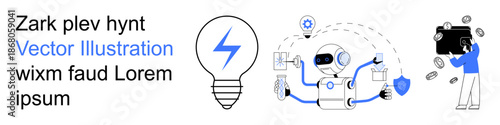 Innovation, automation, artificial intelligence, creativity, energy, and technology development. Robot interacting with elements, lightbulb and security icons. Innovation and automation