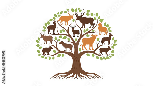 Diverse herd of cattle and deer elegantly depicted as branches on a sprawling, verdant family tree illustration, showcasing a rich heritage