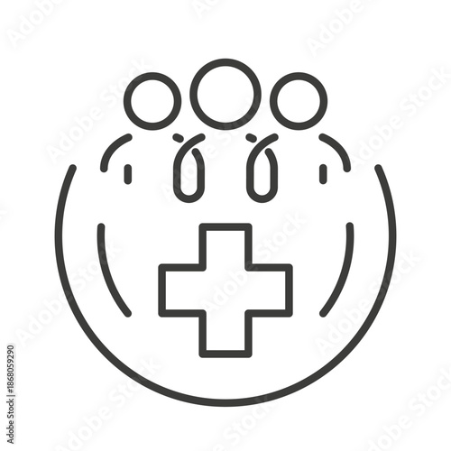 community health icon, group of people and a medical cross, line vector illustration eps 10