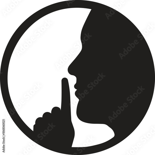 A black silhouette of a person's profile with a finger on their lips, indicating a gesture for silence or quiet, set within a white circular frame.