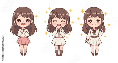 Kawaii Anime Girl Character Poses Set: Excited, Hopeful, and Explaining