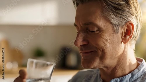 Contented Mature Man Hydrating at Home