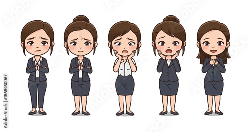Office Woman Character Set Showing Worried, Stressed, Apologetic, and Relieved Emotions