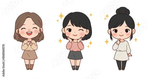 Three Cute Chibi Girls Set: Happy, Winking, and Thoughtful Expressions with Sparkles