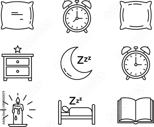 Sleep Night Routine Line Icon Set with Bed Alarm Clock Moon Candle and Pillow for Rest and Relaxation Design