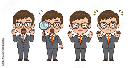 Cartoon Businessman Character Set: Shocked, Worried, and Investigative Poses with Magnifying Glass