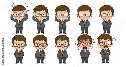 Cartoon Businessman Character Set: Stress, Anxiety, and Anger Emotions