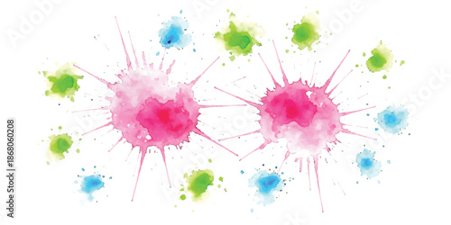 Abstract watercolor paint splashes on white background with pink, green and blue colors