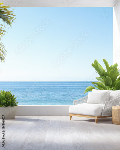 Wallpaper Mural Sunlight streams into a coastal room with ocean view and plants on a clear afternoon Torontodigital.ca