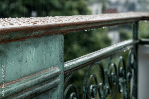 Wallpaper Mural Rainwater collects on a balcony railing in a green setting during a rainy day in the afternoon Torontodigital.ca