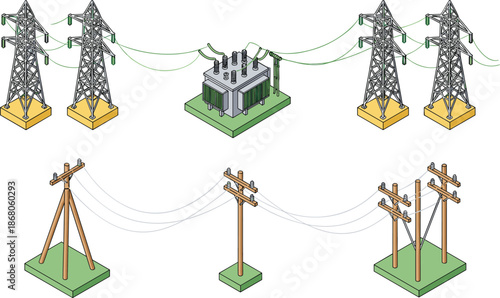 Electric power transmission illustration set, utility poles pylons transformer station, energy distribution infrastructure isometric design isolated