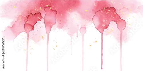 A beautiful abstract background featuring pink watercolor drips and splashes with golden specks
