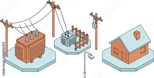 Isometric electricity distribution illustration, residential power transformer utility poles wires, local energy supply infrastructure design isolated