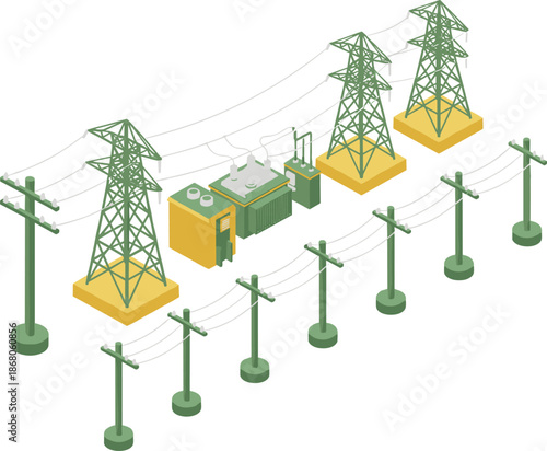 Isometric power transmission system illustration, electric substation pylons power lines, energy infrastructure distribution network isolated background