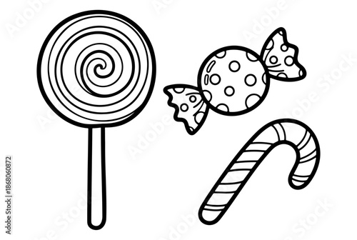 Hand drawn lollipop and candy cane set for coloring book page