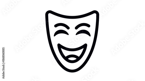 Comedy theatre mask with smiling face and curved eyebrows and simple black outline design.