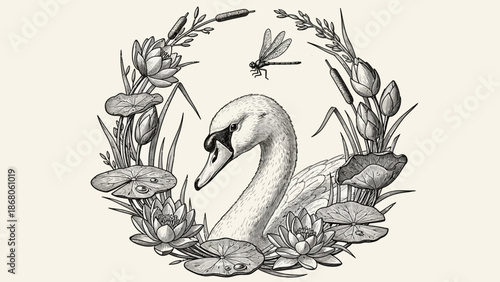Illustration of Swan and Water Plants.