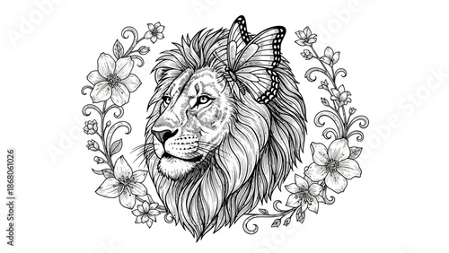 Lion Head Surrounded by Floral Elements.