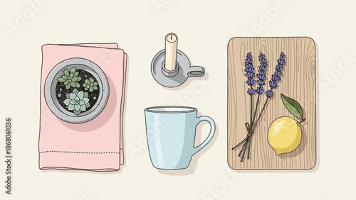 Lavender Tea Setup with Cup and Towel.