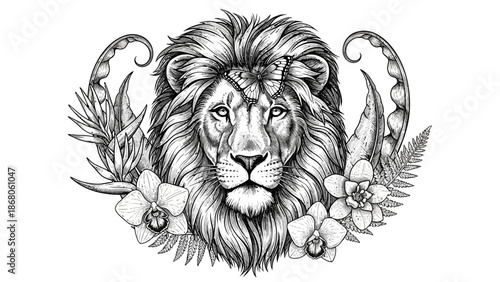 Lion Head Illustration with Floral Details.