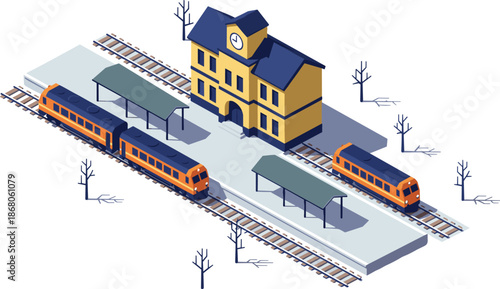 Isometric train station illustration, railway platform building trains tracks, modern transportation city infrastructure design isolated