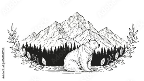 Polar Bear Sitting in Mountain Landscape Illustration.