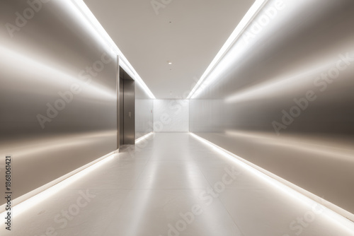 Wallpaper Mural Modern hallway with smooth metal walls and bright lights leading to an elevator, designed for contemporary spaces during the day Torontodigital.ca