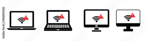 Computer monitor with wifi warning icon. Internet connection error and network problem symbol