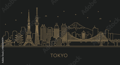 Golden line art illustration of Tokyo cityscape at night with iconic landmarks and mountain in the background against a black backdrop.